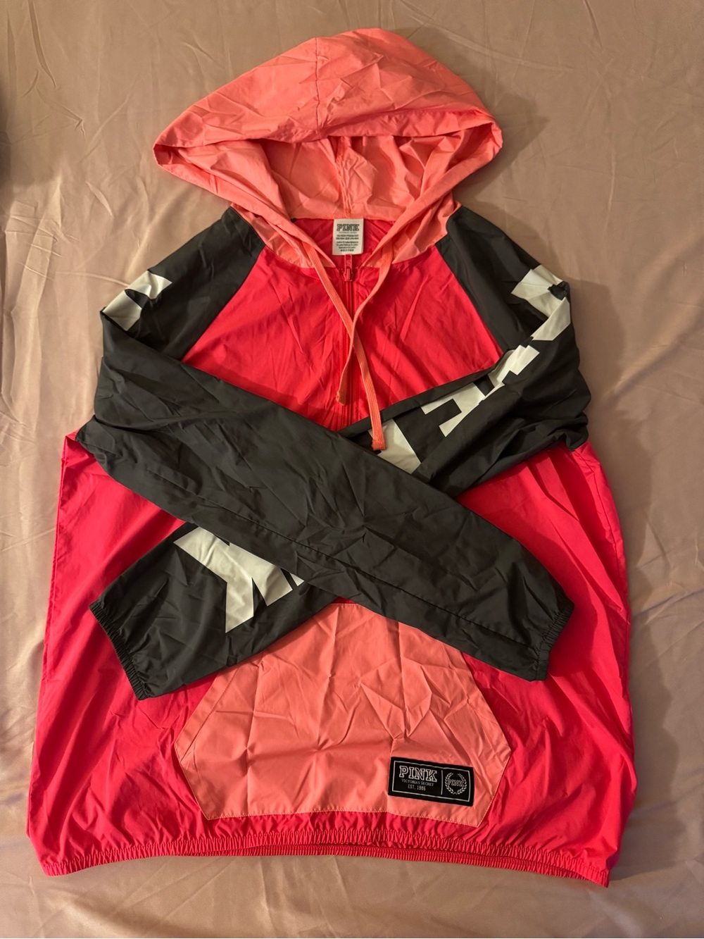 PINK Victoria's Secret Bright Coral Pull-On Windbreaker Hoodie